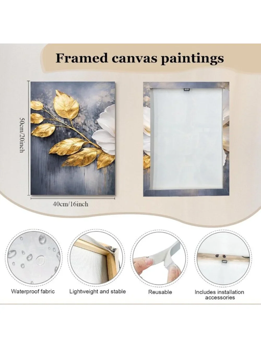 Set of 3 Gold & White Floral Canvas Prints - 16x20 Wall Art for Home Decor